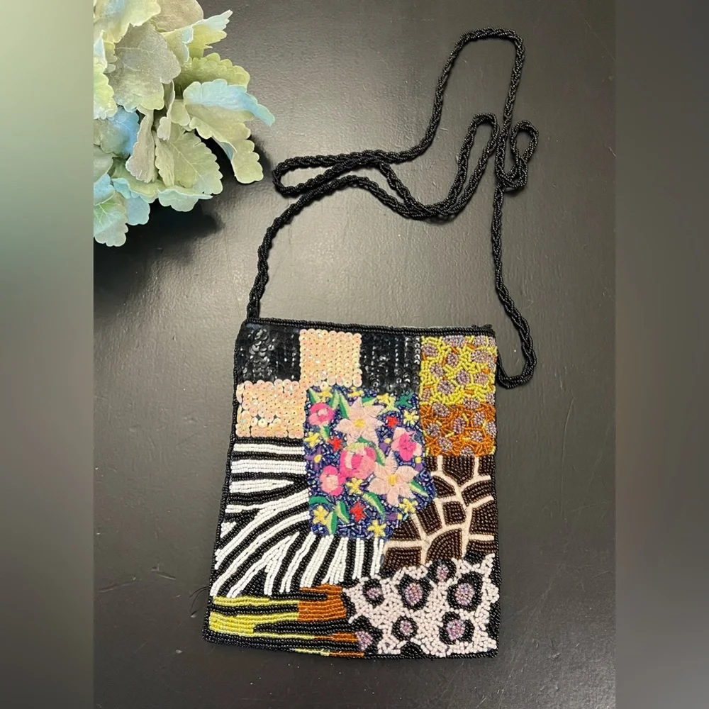 Vintage 90s Y2K Colorful Animal Print Floral Beaded Sequins Cross Body Purse
